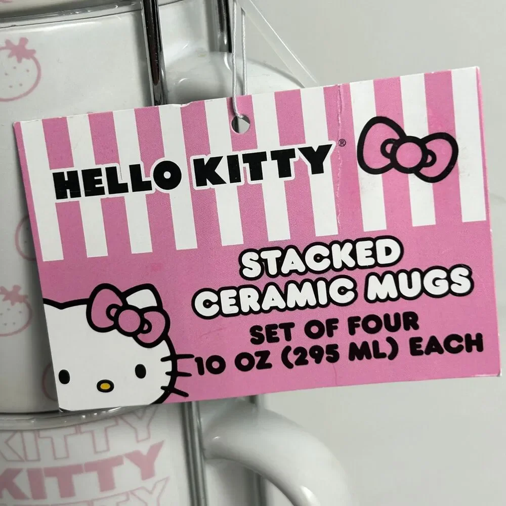 Hello Kitty Mug Set of 4 Stacked White Pink Red 10 oz Cups